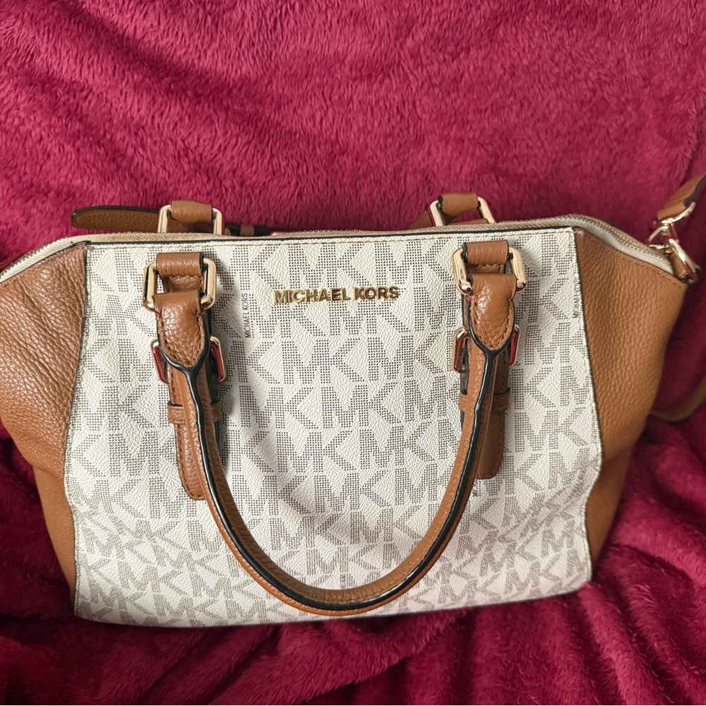 Michael Kors Brown and Cream Satchel with Monogram Pattern